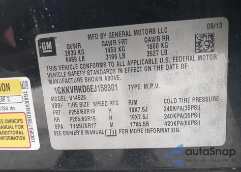 2014 GMC Acadia Slt-1 z USA, uszkodzony, nr VIN 1GKKVRKD6EJ158301